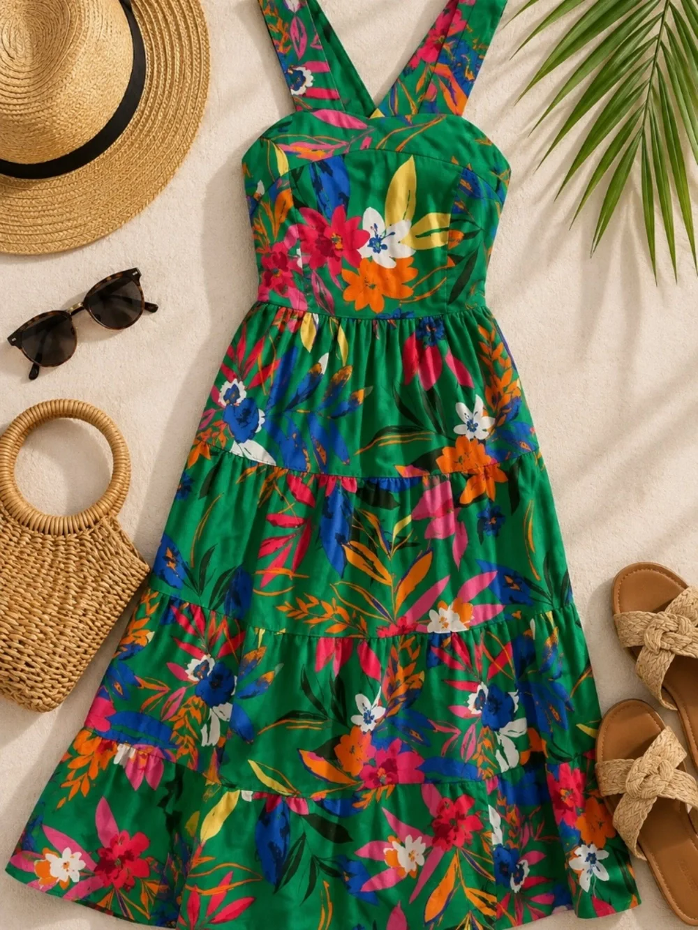 J.Crew Tropical Floral Tiered Midi Dress Green Size 00